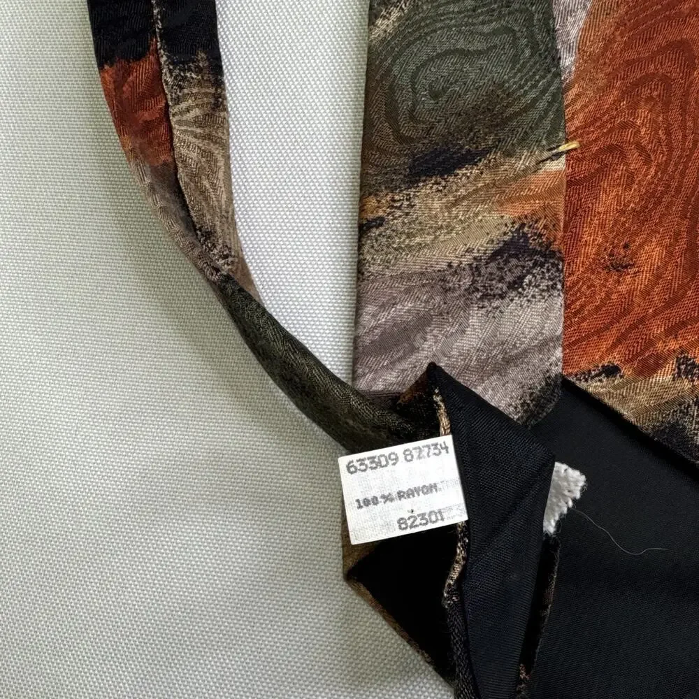 Wembley Men’s 100% Rayon Abstract Print Tie Rust Olive Brown Vintage